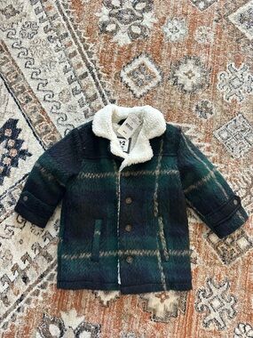 Cotton On Green & Navy Plaid Pea Coat with Sherpa Lining Size 1-2 Years